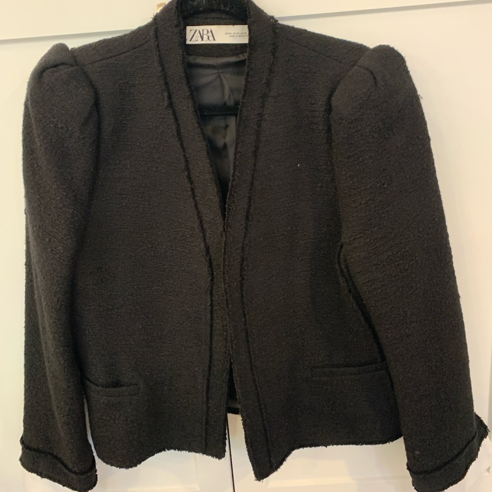 Zara Black Textured Puff Shoulder Blazer
